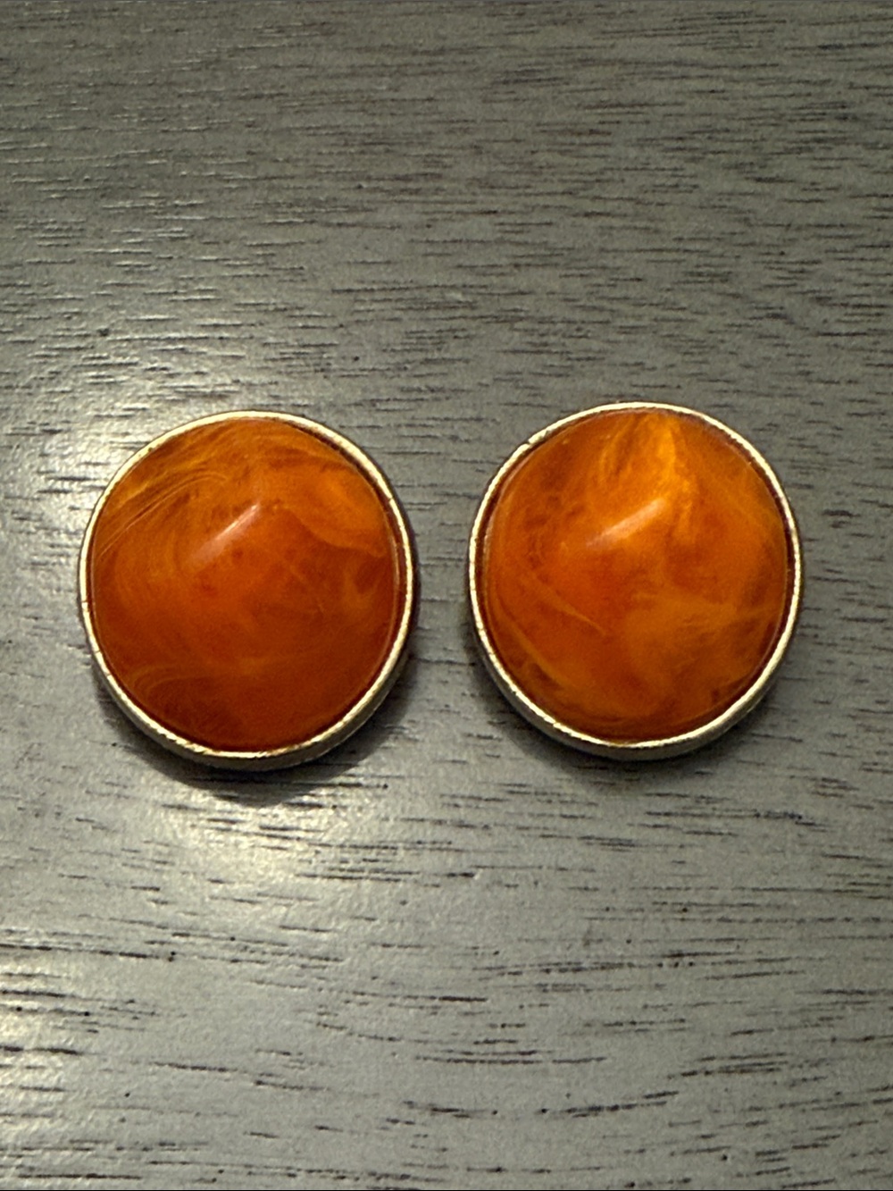 Vintage Kramer Orange Swirl Cabochon Clip-On Earrings Signed MCM Retro Classic